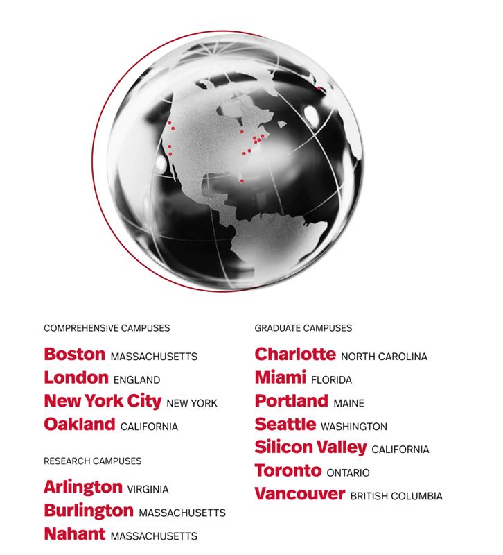 A stylized globe with red map pins marks North America, above a list of Northeastern University campuses in bold red and black text, including Boston, London, New York, Toronto, Seattle, and others.